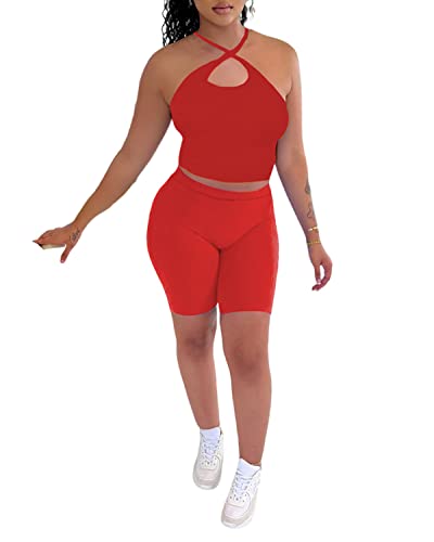 Privimix Women 2 Piece Outfit Halter Sleeveless Crop Out And Shorts Set Causal Yoga Workout Tracksuits Red S #TOP29
