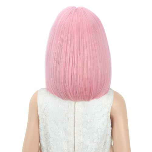 Image of PATTNIUM Light Pink Bob Wig for Girls Short Bob Wig with Bangs Synthetic Heat Resistant Wig with Wig Cap