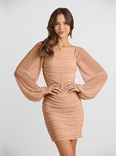 Image of MASCOMODA Women Elegant Square Neck Lantern Long Sleeve Mini Ruched Bodycon Dress Stretch Mesh Slim Party Cocktail Dresses