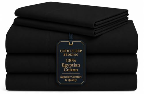 Image of Good Sleep Bedding Split King Sheet Set for Adjustable Bed, 5 Piece, 100% Egyptian Cotton King Split Sheets for Adjustable Bed, Sateen Weave, 16 inch Deep Pocket Sheet Set - Black