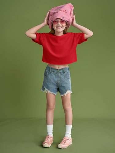 Image of Girls Athletic Oversized Crop Tops Kids Drop Shoulder Short Sleeve T Shirts Workout Tees 5-14 Years