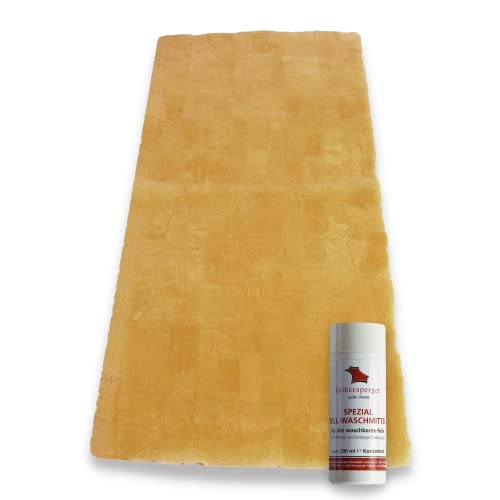 Bettfell/Bettauflage aus bestem Lammfell Patchwork inkl. Spezial-Waschmittel 200 ml – 150x70 cm– Atmungsaktiv – Gemütlich und wärmend – Temperaturausgleichend – Einfach zu pflegen und zu waschen