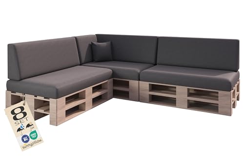 sunnypillow Palettenkissen Outdoor, wasserdicht, UV-lichtecht - 8er Set - Palettenauflage für Palettensofa für Haus, Garten - Palettenpolster für Palettenmöbel - Rückenkissen & Sitzkissen Anthrazit