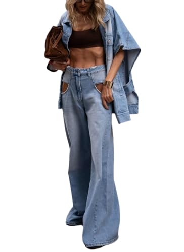 NIFTRIRY Denim Set for Women 2 Piece Short Sleeve Collar Denim Jacket with Pockets and Wide Leg Jean Pants Summer Sets