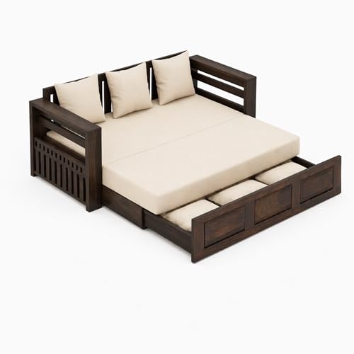 Image of SONA ART & CRAFTS Regal Sheesham Wood 3 Seater Sofa Cum Bed with Bedside | Wooden 3 Seater Sofa for Living Room Wooden Furniture Sofa Bed for Home (Walnut Finish)