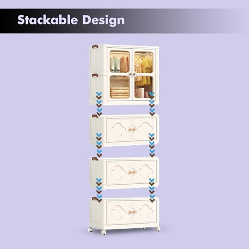 Image of ALOXE Plastic Wardrobe | Foldable Cupboard for Clothes & Bedroom Storage | Stackable Almirah with Wheels for Home & Kids | 3 Layer