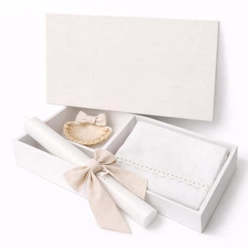 Kit de Bautizo Personalizado – Caja de Lino con Nombre y Fecha, Vela Artesanal con Lazo, Toalla de Lino y Concha Bautismal – Personalizable, Colores a Elegir