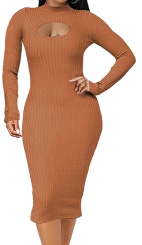 Image of Oxgmoky Women's Church Long Sleeve Sweater Dress Ribbed Bodycon Midi Work | Soft ribbed knit bodycon midi sweater dress with sleeveless cut and round neck for church, work and dinners