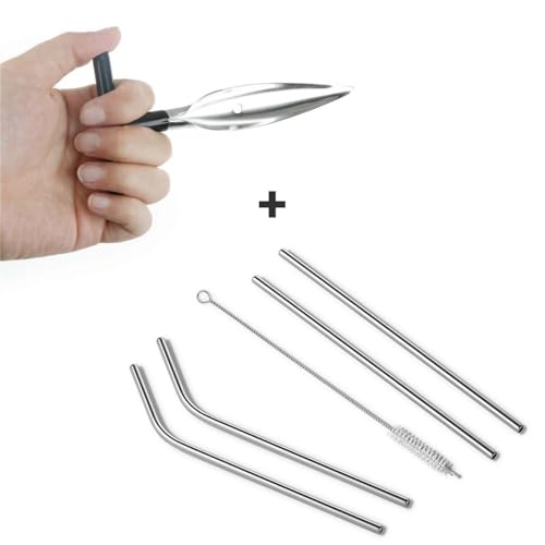 Image of Stainless Steel Coconut Opener Tool + Metal Drinking Straws Set (4-Piece) | Eco-Friendly, Reusable, Food Grade, Portable with Cleaning Brush & Pouch | for Coconut Water, Juice, Smoothie