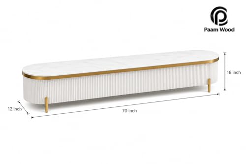 Image of Mazzo Modern TV Unit /Console - 70 inchx12 inchx18 inch White Marble Top with Golden Acrylic, Waterproof Plywood & Charcoal Louvers - Media Cabinet | Modern TV Stand Console Without Storage (White)