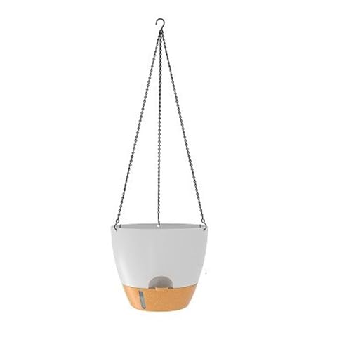 Hanging Planter for Indoor Outdoor Plants, 1 Pack Self-Watering Hanging Pot with Drainage Holes Hanging Planter Baskets Plant Pots with Removable Tray (White+Brown, 20.5 * 20.5 * 18CM)