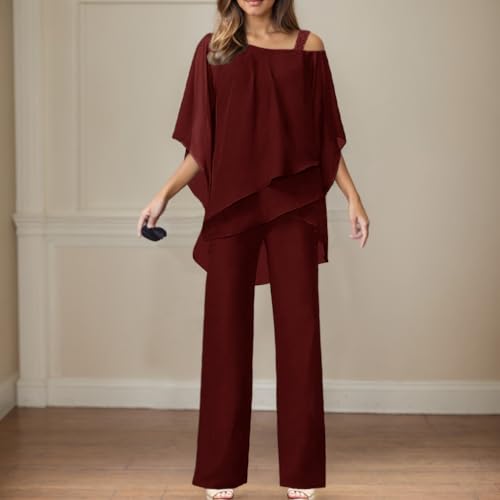 Women's Elegant Chiffon Pant Suits 2 Pieces One Shoulder Mother of The Bride Wedding Guest Outfits Sets2