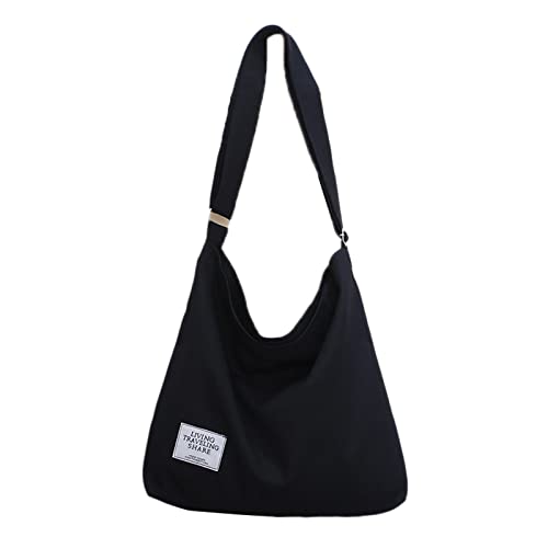 Cicilin Sacola feminina de lona para ombro com zíper, reutilizável, grande, sacola de compras, Preto, 36*36*9CM