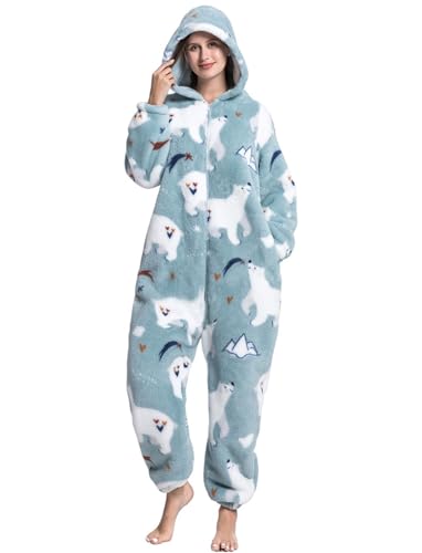 Einteiliger Schlafanzug Damen Lang Winter Einteiler Tierkost&uuml;m Erwachsene Kost&uuml;m Jumpsuit Damen Kuschelig Pyjama Fleece Onesie Kleidung Mit Kapuze und Rei&szlig;verschluss (Eisb&auml;r-3016, XS)