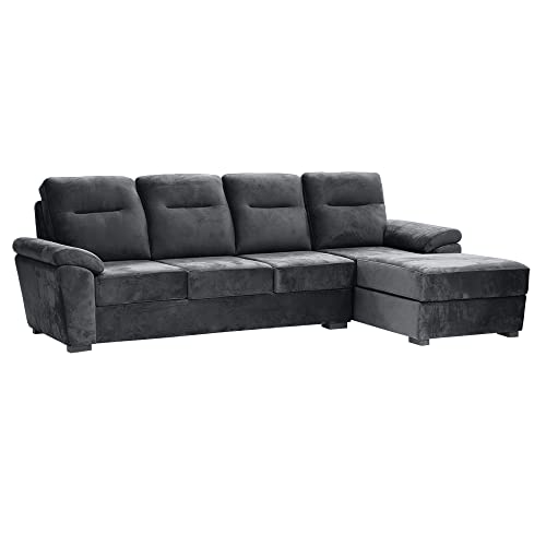Image of Wakefit 3 Seater Sofa Chaise, Stone Grey, Velvet, L-Shape, Tufted Back & Seat, 3 Year Warranty, 190cm L x 94cm W x 95cm H