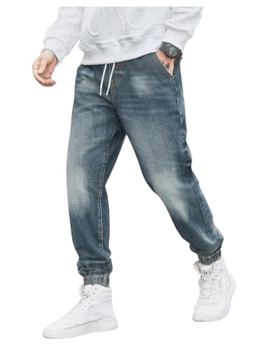 OYOANGLE Men's Jeans Jogger Pants Elastic Drawstring Waist Tapered Denim Trousers with Pocket