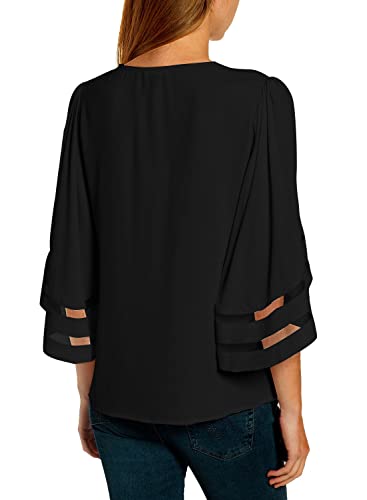 Utyful Women's Casual V Neck Mesh Panel Bell Sleeve Solid Loose Blouse Top #TOP1