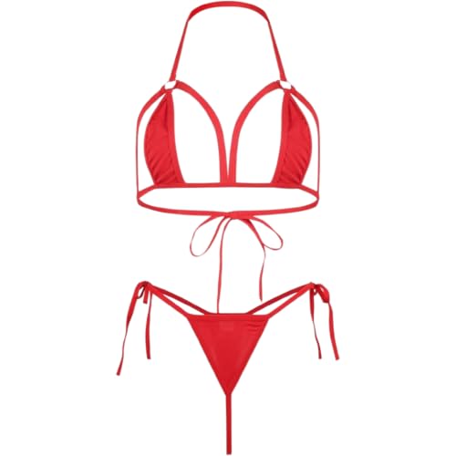 WBDWWTD Seksowna bielizna na ramiączkach dla kobiet Komplety Niegrzeczne bikini mikro Uprząż Half Cup Cage Biustonosz z wysokim stanem Wiązane po bokach stringi Bielizna Wycięcie Stroje kąpielowe
