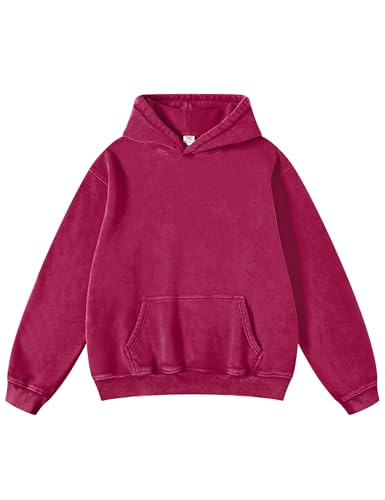 Hatant Oversized Vintage Acid Wash Sweatshirt for Men and Women, Magenta, Large
