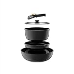 OUBRL Pots and Pans Set Non Stick, Ceramic Cookware Set Detachable/Removable Handles, RV Camping Kitchen Cooking Set, Dishwasher/Oven/Fridge Safe, Induction, Space Saving (Black-Gold, 5 Piece)