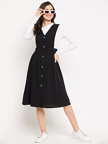 Image of WineRed Women Soild Pinafore Dress with Button
