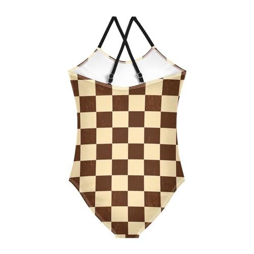 Image of Black and White Chess Girls One Piece Swimsuits Board Marble Tile Sport Halter Swimwear Beach Bathing Suit 3T