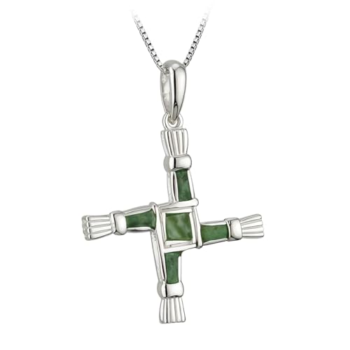 Biddy Murphy Saint Brigid Cross Sterling Silver Necklace for Women, Symbolizes Protection, Genuine Connemara Marble Inlay, Tarnish Resistant Rhodium 18