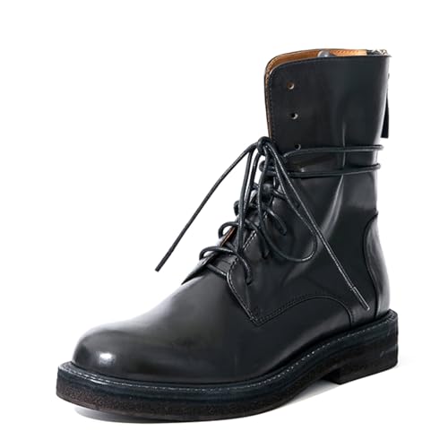 LEMUTISME Women's Trendy Polished Matte/Suede Thick Sole Round Toe Casual Lace Up Flat Chelsea Ankle Booties Shoes2