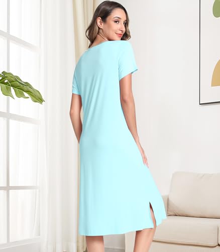 Image of NACHILA Women's Nightgowns-Viscose Made from Bamboo, Short Sleeve Sleepshirts V Neck Night Dress Cool Sleepwear