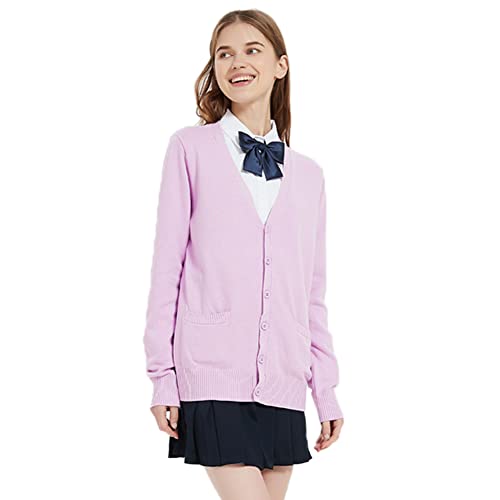 Image of Blostirno Women's Cardigan School Uniform Sweater Cardigans V-Neck Long Sleeve Button Down Knit with Pockets
