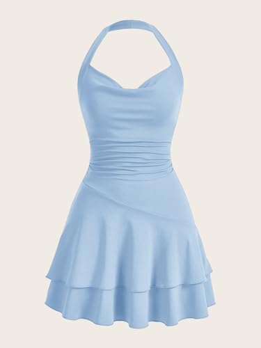 Image of SOLY HUX Cute Halter Mini Dresses for Women Summer Sexy Club Party Backless Short Sundress Light Blue Medium
