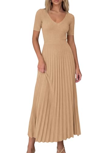 Image of PRETTYGARDEN Women's 2026 Spring Midi Sweater Dresses Elegant Pleated Ribbed Knit Short Sleeve V Neck A Line Summer Outfits