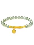 ZHOU LIU FU 24K Solid Gold Green Jade Bead Bracelet, Pure Gold Elastic Fortune Bamboo Bracelet, Stretchable Real Gold Green Jade Bead Bracelet for Women Teens Girl