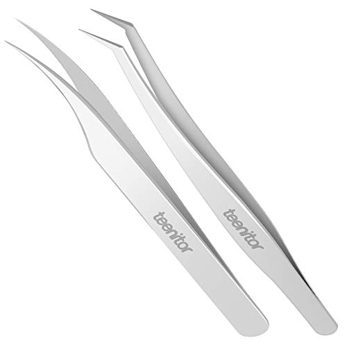 Teenitor 2 Pieces Eyelash Extensions Tweezers,Professional Stainless Steel Precision Tweezers set with Dolphin-shaped and Curved Pointed Tip Tweezers Nipper for lash Extensions