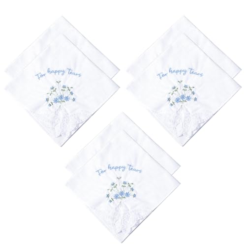 For Happy Tears Handkerchief 6 Pcs Embroidered Wedding Handkerchief Cotton Hankies for Bride Groom Bridesmaid Mother of the Bride White & Blue 12 x 12