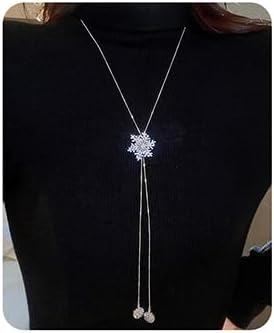 Jumwrit Silver Snowflake Necklace Long Sweater Chain Silver Y Necklace Flower Pendant Necklace Statement Women Necklace Elegant Jewelry for Party Wedding