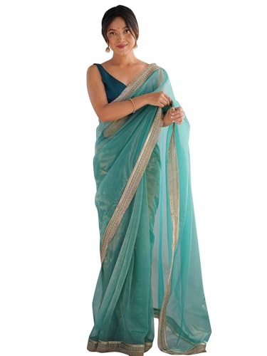 Image of AKHILAM Women's Shimmer Net Solid Saree With Unstitched Blouse Piece
