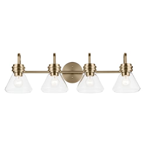 Image of Kichler Farum 34 inch 4-Light Bathroom Vanity Light Fixture with Clear Glass in Champagne Bronze for Single or Double Vanity, Modern Lighting Fixture (34 inch x 9.5 inch x 9.5 inch), 55156CPZCLR