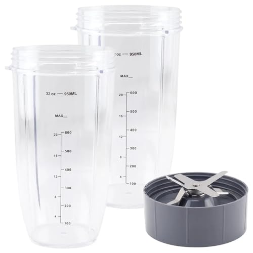 MKVAXR Paquete de 2 Tazas colosales de 32 oz y Cuchilla extractora compatibles con licuadoras 600W 900W NB-101B NB-101S NB-201 Conjunto de Cuchillas de licuadora