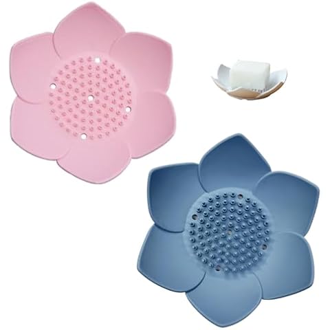 2 Pack Shower Steamer Tray,Flexible Non-Slip Silicone Soap Dish,Lotus Flowers Soap Dish with Drain for Kitchen Bathroom Shower Bathtub Counter (Pink/Blue) Cover