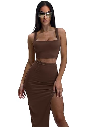 Image of ELLEVEN Two Piece Maxi Skirt Sets for Women, Square Neck Tank Tops with High Side Slit Dress Sets Summer Outfits