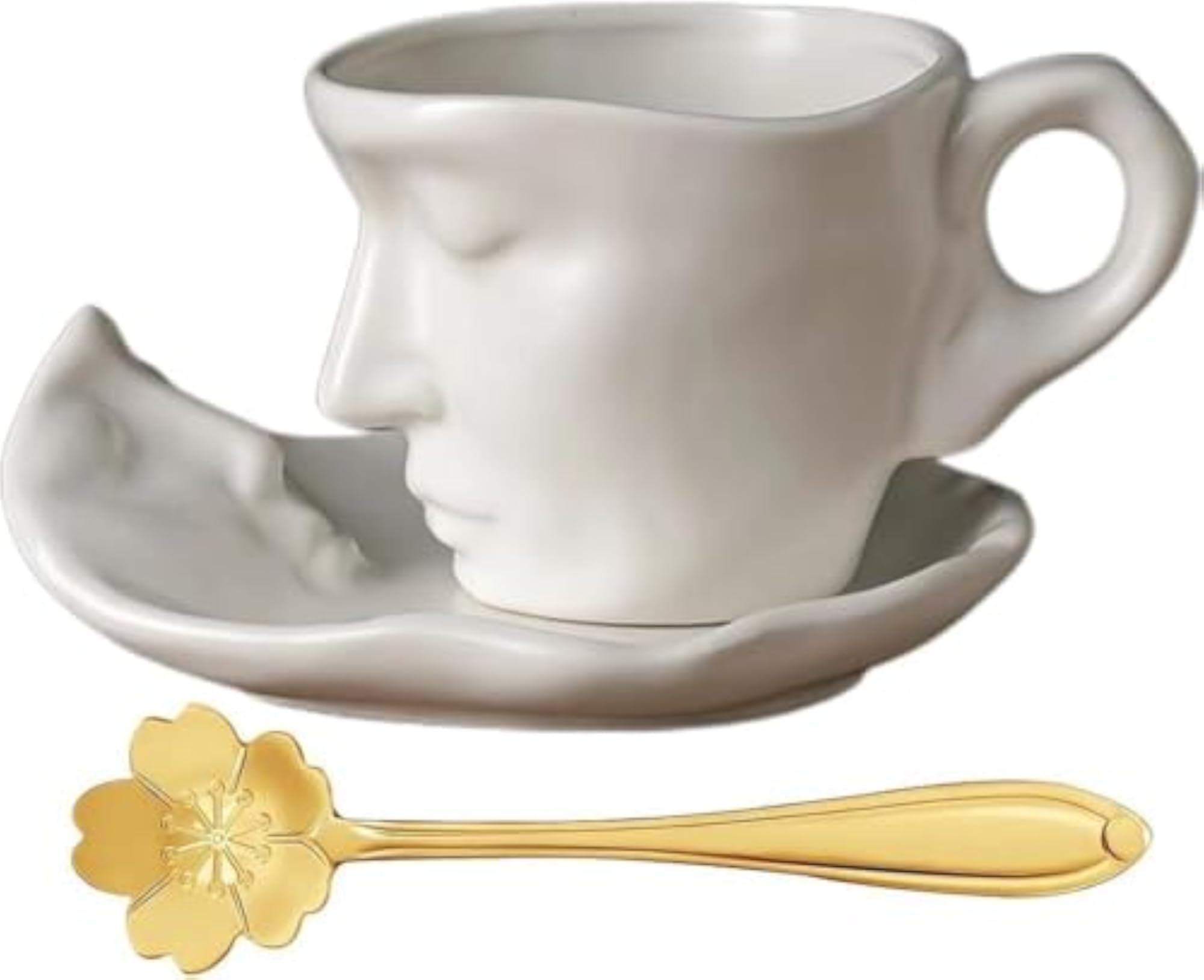 Unique Face Coffee Cup Set, Artistic Ceramic Mug with Saucer
