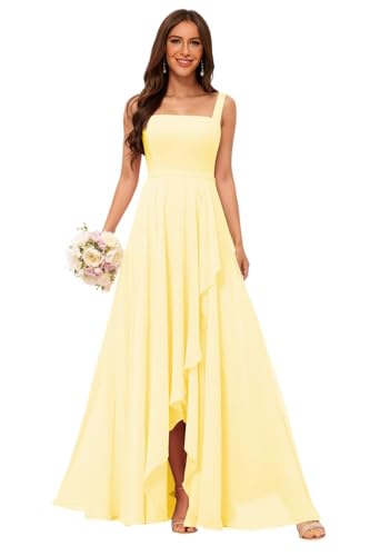 Image of Elegant Chiffon Bridesmaid Dresses with Slit 2025 Square Neck Formal Evening Dress with Pockets TM149
