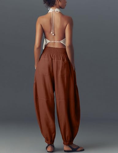 UANEO Womens Baggy Pants Pull On Cotton Linen Smocked Elastic Waist Tapered Relaxed Harem Trousers with Pockets2