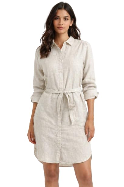 Image of NOBARR Women's Light Grey Linen Blend Shirt Dress with Waist Tie Belt