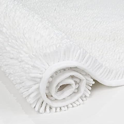 Non Slip Soft Chenille Bath Mat for Bathrooms Water Absorbent Fluffy Plush Rugs for Indoor Entryway Multiuses, 32 x 20 Inches White Cover