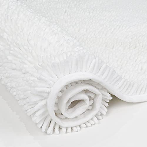 Non Slip Soft Chenille Bath Mat for Bathrooms Water Absorbent Fluffy Plush Rugs for Indoor Entryway Multiuses, Machine Washable, 35 x 24 Inches White