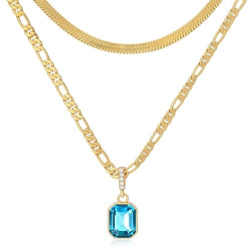 Mesovor Colliers en Cristal en Couches d'or 18 Carats, Colliers Chaîne Figaro 3mm | 4mm Serpent Chaîne Collier Ras Du Cou pour Femmes Filles Bijoux Cadeaux (Bleu)
