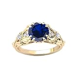 FYBIOD 10K 14K 18K Gold Round Cut Blue Sapphire Vintage Ring for Women 1 Carat Blue Sapphire and Moissanite/Diamond Promise Statement Anniversary Ring for Her