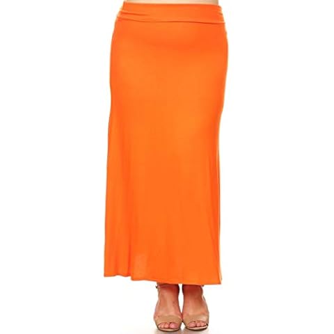 Plus Size Solid Print Casual Office Work Flare High Waist Maxi Skirt/Made in USA Orange 3XL Cover